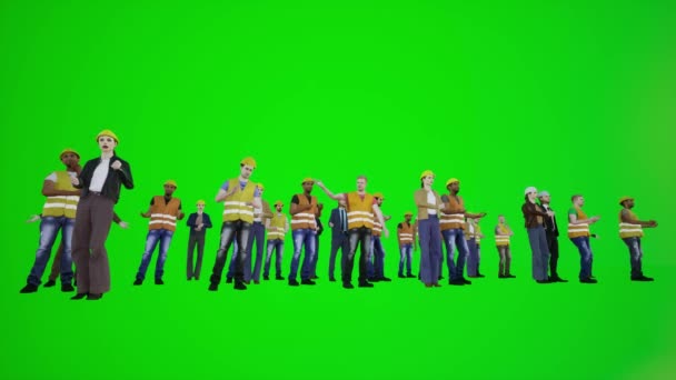 ロンドン市クロマキーグリーンスクリーン3Dの人々赤いクロマキー背景アニメーション男と女性の歩く話の立場で警察署の前に抗議するエンジニアの3Dアニメーション — ストック動画