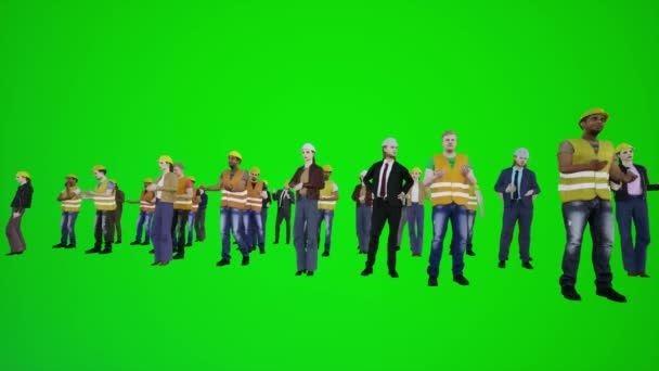 クロマキーグリーンスクリーン3Dの人々赤色クロマキー背景アニメーション男女歩くトークの上に立っている半分完成した建物の労働者の抗議の3Dアニメーション — ストック動画
