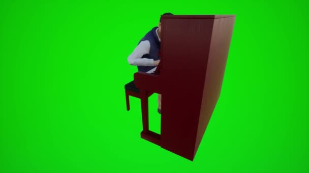 3D动画艺术家在咖啡店里弹钢琴的3D动画从彩色键绿色屏幕的三个角落3D人红彩色键背景动画男人和女人走路交谈 — 图库视频影像