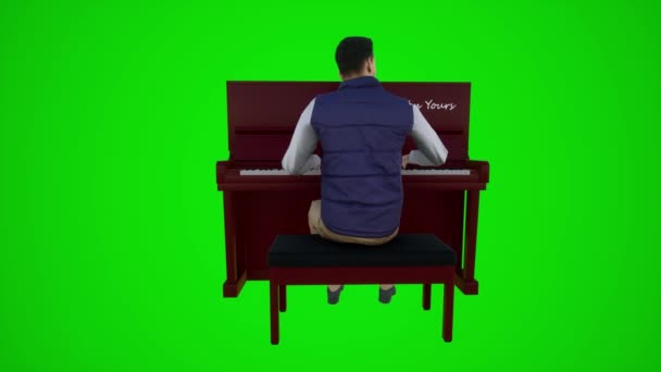 一个画家在咖啡店里弹钢琴的3D动画从彩色键后面的角度绿色屏幕3D人红彩色键背景动画男人和女人走路交谈 — 图库视频影像