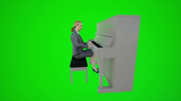 一个女艺人在咖啡店里弹钢琴的3D动画从绿色彩色键屏幕后面的角度3D 3D动画3D人红彩色键背景动画男男女女走路交谈 — 图库视频影像