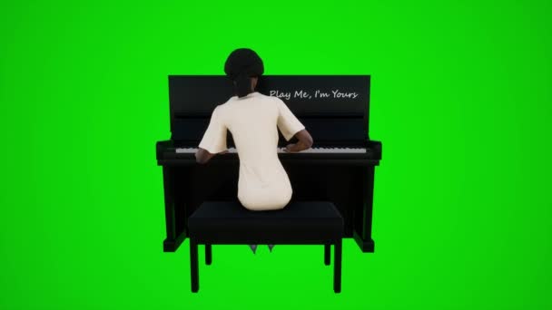 クロマキーグリーンスクリーンの背後にある角度からレストランでピアノを演奏するアーティストの3Dアニメーション3Dの人々赤いクロマキー背景アニメーション男と女性ウォークトーク — ストック動画