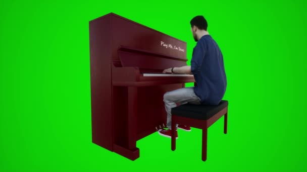 クロマキーグリーンスクリーンの3コーナーの角度からレストランでピアノを演奏する男性のコーチの3Dアニメーション 3Dの人々赤いクロマキー背景アニメーション男と女性の歩く話 — ストック動画