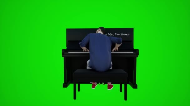 クロマキーグリーンスクリーンの背後にある角度からレストランでピアノを演奏する男性のコーチの3Dアニメーション 赤いクロマのキーバックグラウンドアニメーション男と女性の歩く話 — ストック動画