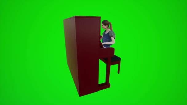 一个女舞蹈家在餐馆里弹钢琴的3D动画从彩色键绿色屏幕的三个角落3D动画3D人红彩色键背景动画男男女女走路交谈 — 图库视频影像