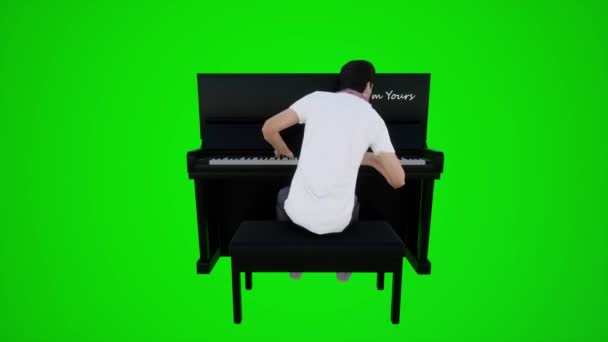 緑色のクロマキー画面の背後にある角度からレストランでピアノを演奏する男性ダンサーの3Dアニメーション 赤いクロマキー背景アニメーション男と女性の歩く話 — ストック動画