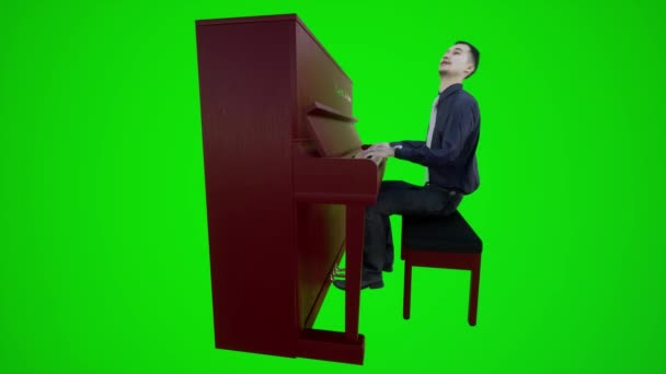 クロマキー3Dの人々赤いクロマキー背景アニメーション男と女性のウォークトークの側面からレストランでピアノを演奏するヨーロッパ人男性の3Dアニメーション — ストック動画