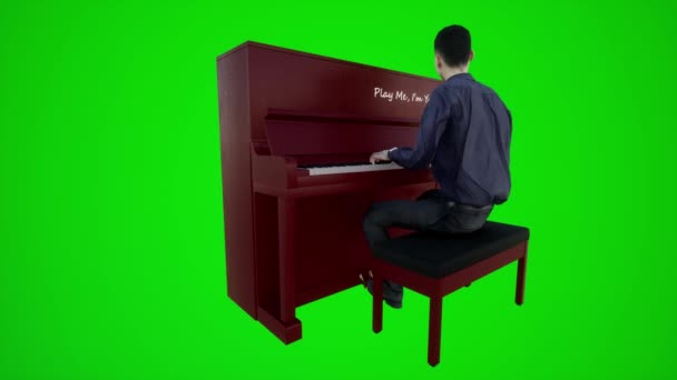 クロマキーグリーンスクリーン3Dの人々赤いクロマキー背景アニメーション男と女性のウォークトーク上の3つの角角からレストランでピアノを演奏するヨーロッパの男の3Dアニメーション — ストック動画