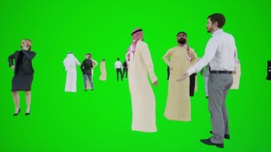 Suudi Arabistan 'da bir Arap ve Avrupalı partinin 3 boyutlu animasyonu. Krom anahtar yeşil ekranda birbirleriyle konuşuyorlar. Kırmızı renkli insanlar.