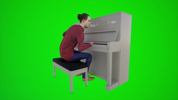 クロマキーグリーンスクリーン3Dの人々赤いクロマキー背景アニメーション男と女性のウォークトークの3つの角角からレストランでピアノを演奏するアメリカ人の3Dアニメーション — ストック動画