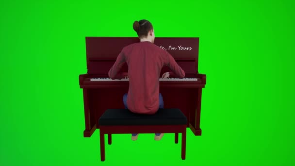 クロマキーグリーンスクリーン3Dの人々赤いクロマキー背景アニメーション男と女性の歩く話の背後角度からレストランでピアノを再生するアメリカ人の3Dアニメーション — ストック動画