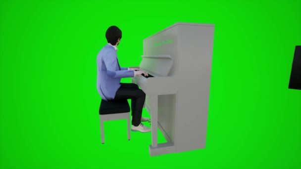 クロマキーグリーンスクリーン3Dの人々赤いクロマキー背景アニメーション男と女性の歩く話の側面の角度からバーでピアノを再生するアメリカ人の3Dアニメーション — ストック動画
