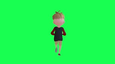 Çizgi filmdeki çocuk yeşil ekran arka açısını kullanıyor. 3D insanlar daha kırmızı renkli arka plan animasyon adamı ve kadın yürüyüşü hakkında konuşuyor.