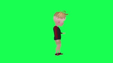 3D çocuk kıyafetlerini kontrol ediyor yeşil ekran sol açı 3D insanlar kırmızı krom anahtar arka plan animasyon adam ve kadın yürüyüş konuşma