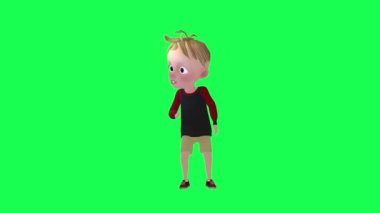 Çizgi film bebeği konuşuyor sinsice izole edilmiş yeşil ekran ön açı 3 boyutlu insanlar daha kırmızı renkli arka plan animasyon erkek ve kadın yürüme konuşması