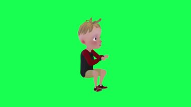 3D çizgi film çocuğu video oyunu oynuyor. Yeşil ekran sol açı 3 boyutlu insanlar kırmızı renkli anahtar arka plan animasyonu erkek ve kadın yürüyüş konuşması.