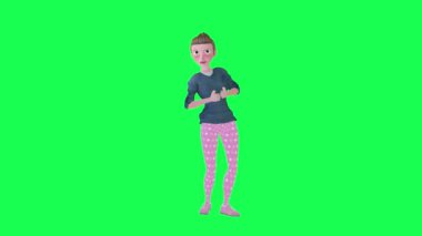 3 boyutlu ev hanımı şaşırdı, yeşil ekran ön açı 3 boyutlu insanlar daha kırmızı renkli arka plan animasyon erkek ve kadın yürüme konuşması