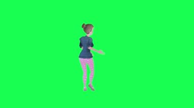 3D animasyon ev kadını dans ediyor. Salsa dansı. Sol açılı, yeşil ekran.
