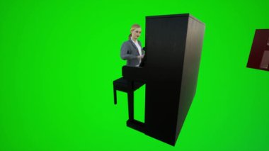 3 boyutlu yeşil ekran kadın mühendisi Asya barlarında üç köşeli açıdan piyano çalıyor. 3 boyutlu, kırmızı renkli arka plan animasyon adamı ve kadın yürüme sohbeti.