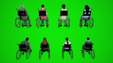 3D yeşil ekran bayanlar ve baylar, tekerlekli sandalyeli arka açıdan hareketsiz oturuyorlar. 3 boyutlu insanlar, daha kırmızı renkli arka plan animasyonları, kadın ve erkek yürüme konuşmaları.