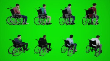 3D yeşil ekran Avrupalı tekerlekli sandalyeye bağlı adam caddede hareketsiz bir sandalyede oturuyor. Üç köşeli açıdan. Üç boyutlu insanlar, daha kırmızı renkli arka plan animasyon adamı ve kadın yürüyüşü hakkında konuşuyor.