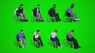 3D yeşil ekran tekerlekli sandalye vatandaşları. Asya Avrupa tekerlekli sandalyede. Üç köşeli köşeden aşağıya doğru ilerliyorlar. 3 boyutlu insanlar.