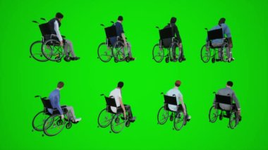 3D yeşil ekran tekerlekli sandalye vatandaşları. Asya Avrupa tekerlekli sandalyede. Üç köşeli köşeden aşağıya doğru ilerliyorlar. 3 boyutlu insanlar.