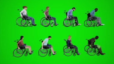 3D yeşil ekran tekerlekli sandalye vatandaşları. Asya Avrupa tekerlekli sandalyede oturuyor. Cadde boyunca ilerliyorlar. 3D insanlar krom renkli arka plan animasyonu yapıyor.