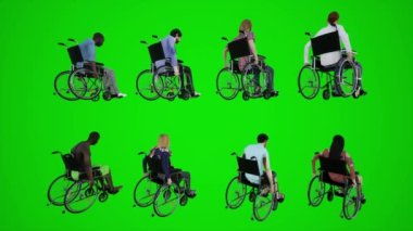 3D yeşil ekran tekerlekli sandalye vatandaşları. Asya Avrupa tekerlekli sandalyede. Üç köşeli köşeden aşağıya doğru ilerliyorlar. 3 boyutlu insanlar.