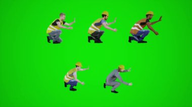 3D yeşil ekran inşaat işçileri yan açıdan bir şeyleri tamir etmeye çalışıyor. 3D insanlar daha kırmızı renkli arka plan animasyon adamı ve kadın yürüme sohbeti.