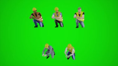 3D yeşil ekran inşaat işçileri ön açıdan bir şeyleri tamir etmeye çalışıyor. 3D insanlar daha kırmızı renkli arka plan animasyon adamı ve kadın yürüme sohbeti.