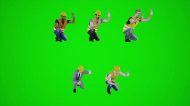 3 boyutlu yeşil ekran inşaat işçileri üç köşeden bir şey yapmak için ölçü alıyorlar. 3 boyutlu insanlar, daha kırmızı renkli arka plan animasyon, erkek ve kadın yürüme konuşmaları.