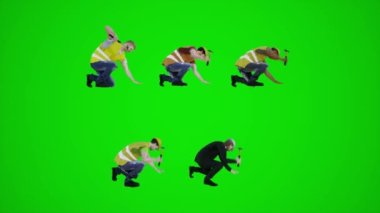3D yeşil ekran inşaat işçileri çekiçle bir şeye yandan vuruyor 3D insanlar kırmızı krom anahtar arka plan animasyon adam ve kadın yürüme konuşması