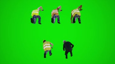 3D yeşil ekran inşaat işçileri çekiçle bir şeye arkadan vuruyorlar. 3D insanlar kırmızı krom arka plan animasyon adamı ve kadın yürüme sohbeti.
