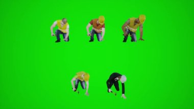 3D yeşil ekran inşaat işçileri çekiçle bir şeye ön açıdan vuruyorlar. 3D insanlar kırmızı krom arka plan animasyon adamı ve kadın yürüme sohbeti.
