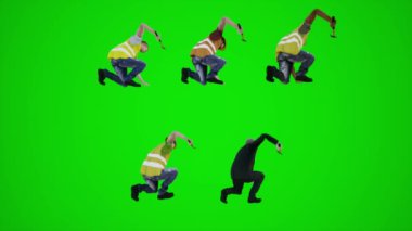 3D yeşil ekran inşaat işçileri çekiçle bir şeye üç köşeli açıdan vuruyorlar. 3D insanlar daha kırmızı renkli arka plan animasyon adamı ve kadın yürüyüşü konuşmaları.
