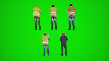 3D yeşil ekran inşaat işçileri arka açıdan haritalar okuyorlar 3D insanlar kırmızı krom anahtar arka plan animasyon adam ve kadın yürüme konuşması
