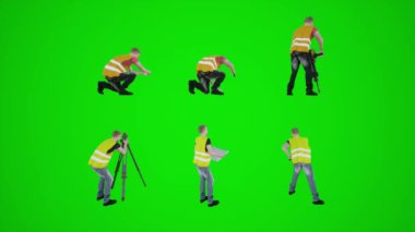 3D yeşil ekran inşaat işçileri çekiçle vuruyorlar çekiçle fotoğraf çekiyorlar ve ev planlarını çekiyorlar üç köşeli açıyla zemini kazıyorlar 3 boyutlu insanlar daha kırmızı renkli krom arka plan animasyon adamı ve kadın yürüyüşü konuşuyorlar