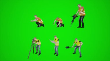 3D yeşil ekran inşaat işçileri çekiçle vuruyorlar çekiçle fotoğraf çekiyorlar ve ev planlarını çekiyorlar üç köşeli açıyla zemini kazıyorlar 3 boyutlu insanlar daha kırmızı renkli krom arka plan animasyon adamı ve kadın yürüyüşü konuşuyorlar