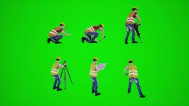 3D yeşil ekran inşaat işçileri çekiçle vuruyorlar çekiçle fotoğraf çekiyorlar ve ev planlarını çekiyorlar üç köşeli açıyla zemini kazıyorlar 3 boyutlu insanlar daha kırmızı renkli krom arka plan animasyon adamı ve kadın yürüyüşü konuşuyorlar