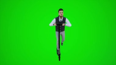 3D yeşil ekran resepsiyonisti caddede scooter kullanıyor. 3D insanlar daha kırmızı renkli arka plan animasyon adamı ve kadın yürüme sohbeti.