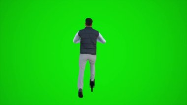3D yeşil ekran katibi arka taraftan scooter kullanıyor. 3D insanlar daha kırmızı renkli arka plan animasyon adamı ve kadın yürüme sohbeti.