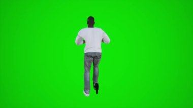 3D yeşil ekran. Arka taraftan scooter süren Afrikalı bir sporcu. 3D insanlar daha kırmızı renkli arka plan animasyon.