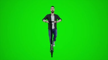 3D yeşil ekran. Parkta scooter kullanan Asyalı bir berber. 3D insanlar daha kırmızı renkli arka plan animasyon.