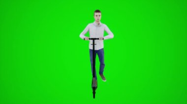 Sekiz boyutlu 3D animasyon. Tekerlekli sandalyedeki bir adam Avrupa ve Amerika sokaklarında hareket ediyor. Krom anahtar yeşil ekranın üç köşesinden. 