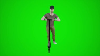 3D yeşil ekran erkek koçu Avrupa sokaklarında scooter kullanıyor. 3D insanlar daha kırmızı renkli arka plan animasyon adamı ve kadın yürüyüşü konuşuyor.