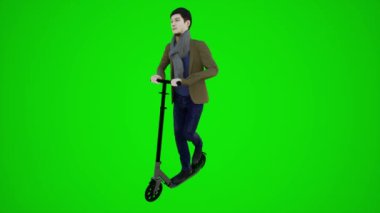 3D yeşil ekran postacısı Avrupa sokaklarında scooterla gezerken üç köşeli açıdan üç boyutlu insanlar kırmızı renkli arka plan animasyon adamı ve kadın yürüyüşü hakkında konuşuyor.