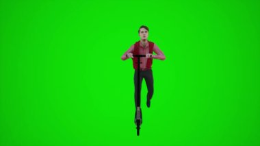 3D yeşil ekran genç müzisyen. Mobiletle Avrupa sokaklarında geziyor. 3D insanlar kırmızı renkli arka plan animasyon adamı ve kadın yürüyüşü hakkında konuşuyor.