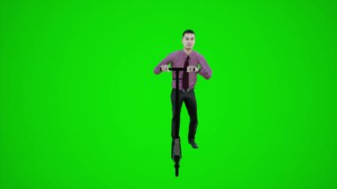 3D yeşil ekran. Asya sokaklarında scooter süren Asyalı bir erkek öğrenci. Üç boyutlu açıdan.