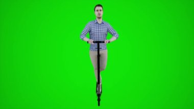 3D yeşil ekran Asya sokaklarında scooter kullanan Asyalı bir kuaför 3D insanlar daha kırmızı renkli arka plan animasyon erkek ve kadın yürüme sohbeti